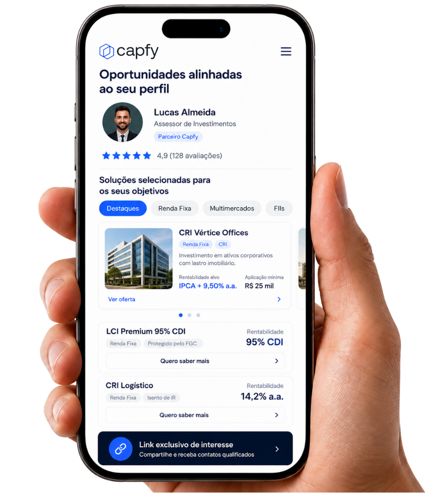 Hotsite do assessor Capfy exibido no celular, com ofertas selecionadas e link exclusivo de interesse